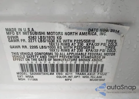 2015 Mitsubishi Outlander Sport Se z USA, uszkodzony, nr VIN 4A4AP4AU3FE016318